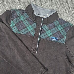LL Bean Mens Pullover Sweater L Black Green Plaid Quarter Snap Mock Neck